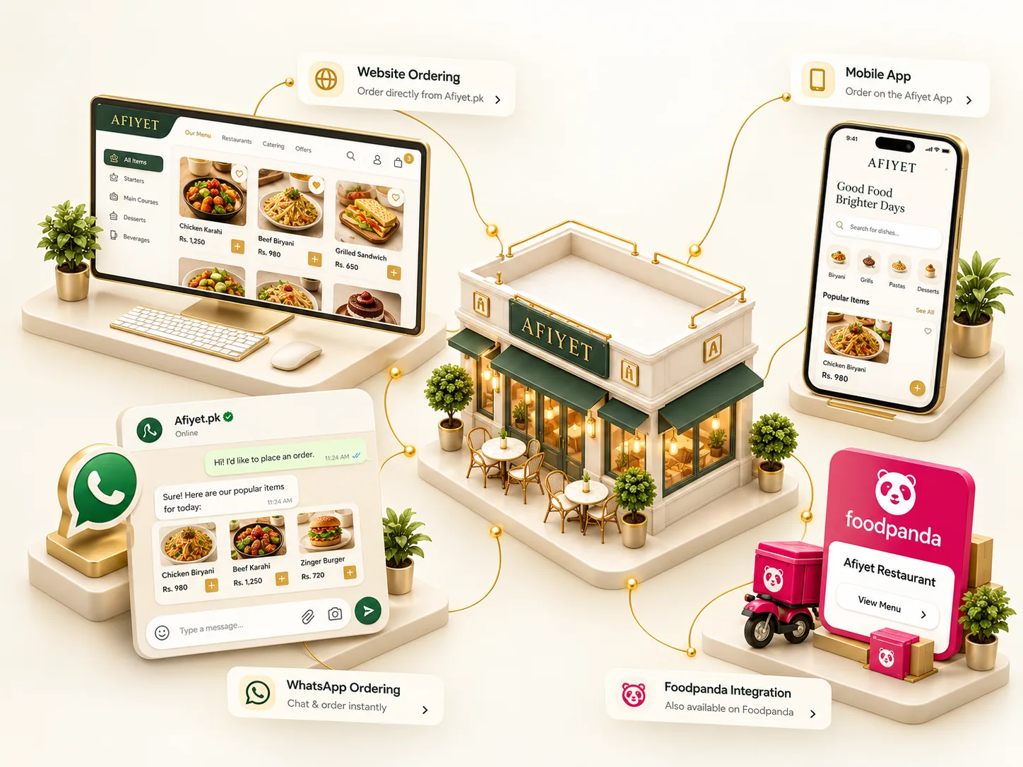 Afiyet website, app, WhatsApp and Foodpanda ordering channels